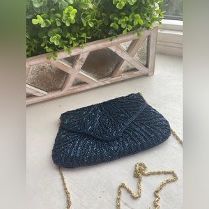 Navy Blue Beaded Evening Shoulder Bag